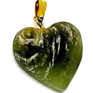 Vintage Natural Nephrite/ Green Jade -Heart Shaped Pendant w/ Gold Tone Bail